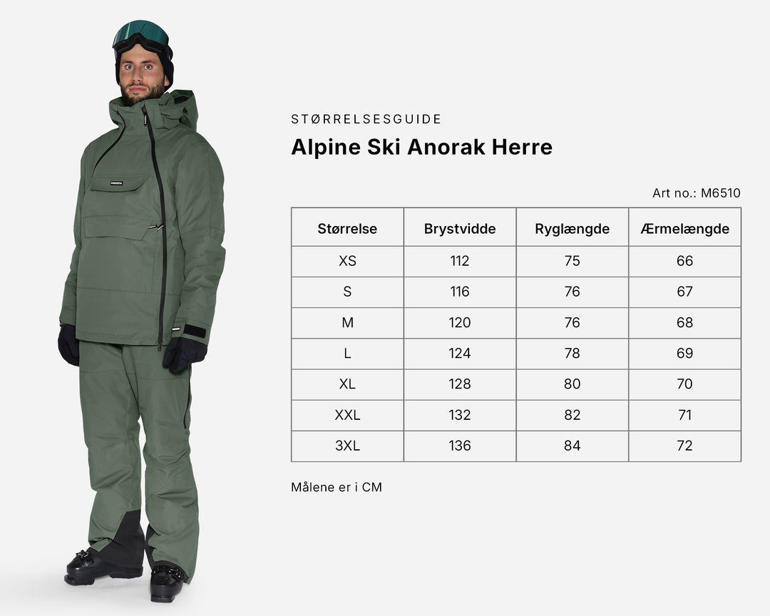 Størrelsesguide – anorak til mænd