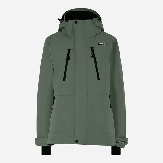 Women's glace ski jacket, dark olive, front view. #color_dark-olive